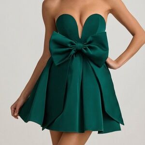 Oh Polly Bow-Detail Corset Mini Dress in Emerald Green 0